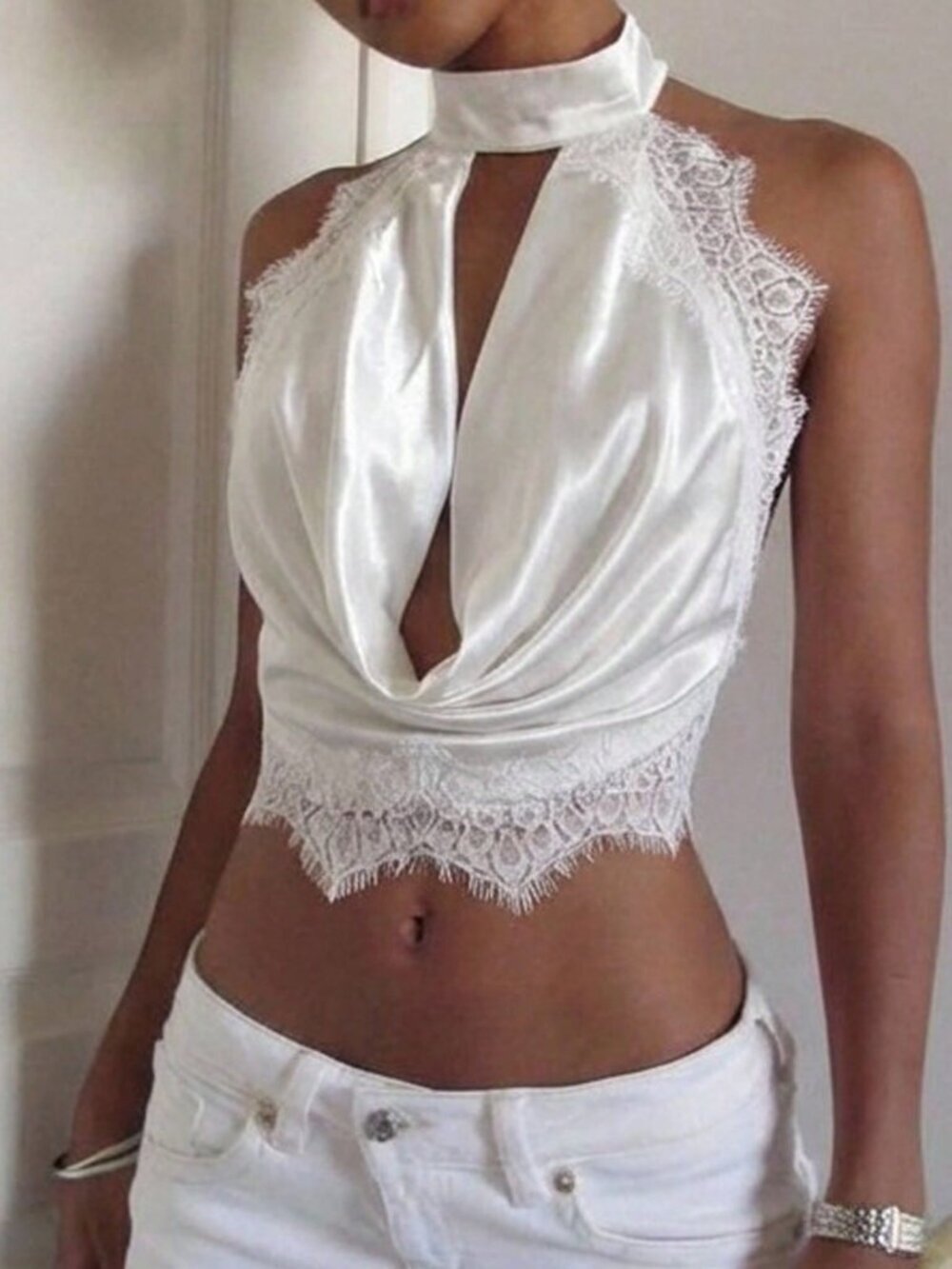 White Elegant Women's Romantic Deep V-Neck Backless Halter Lace-Trimmed Camisole - Picture 3 of 6
